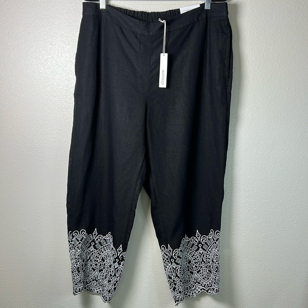 Chicos Linen Crop Straight Pant 14 Black White Embroidery Lightweight Pockts NEW - Picture 6 of 17